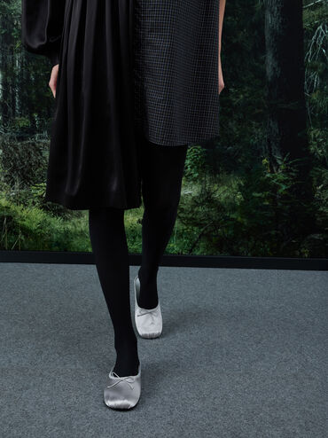 Satin Bow Flat Mules, Silver, hi-res