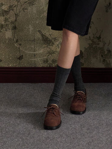 Faux Suede Brogue Derbys, Dark Brown Textured, hi-res