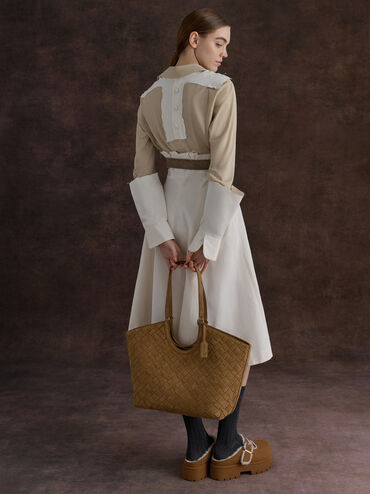 Bergen Textured Fur-Trim Buckled Platform Mules, Brown, hi-res