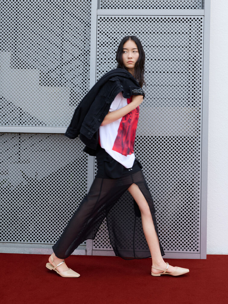 Patent Metallic-Accent Square-Toe Slingback Flats, Beige, hi-res