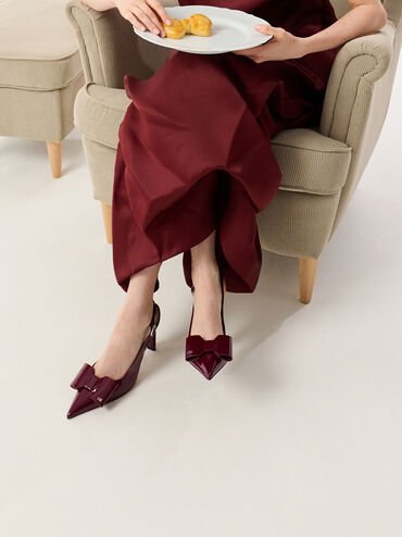 Lu Patent Leather Bow Blade-Heel Slingback Pumps, Burgundy, hi-res