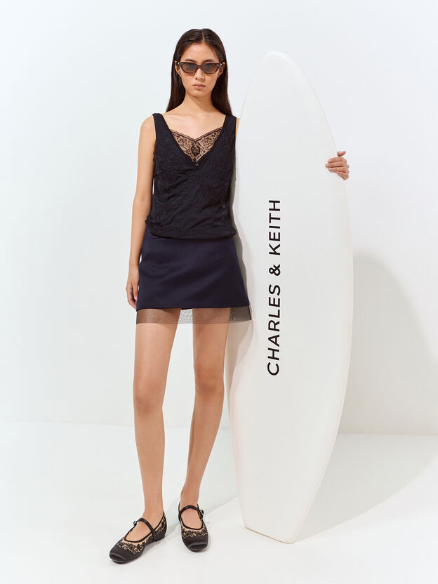 Satin Embroidered-Mesh Mary Jane Flats, Black Textured, hi-res