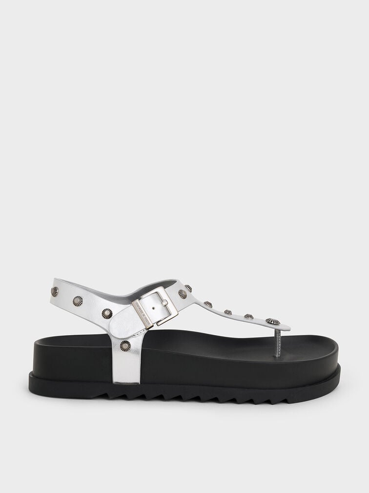 Metallic Studded Heart-Embellished Thong Sandals, Silver, hi-res