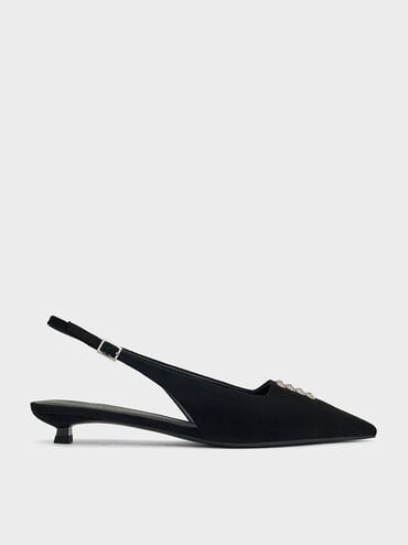 Faux Suede Crystal-Embellished Slingback Pumps, Black Textured, hi-res