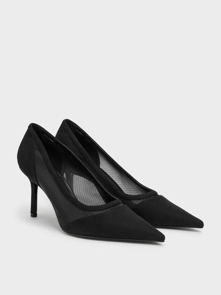 Faux Suede & Mesh Pointed Pumps, Black Textured, hi-res