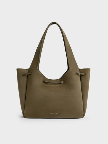 Mila Recycled Suede Metallic-Knot Drawstring Tote Bag, Deep Olive, hi-res