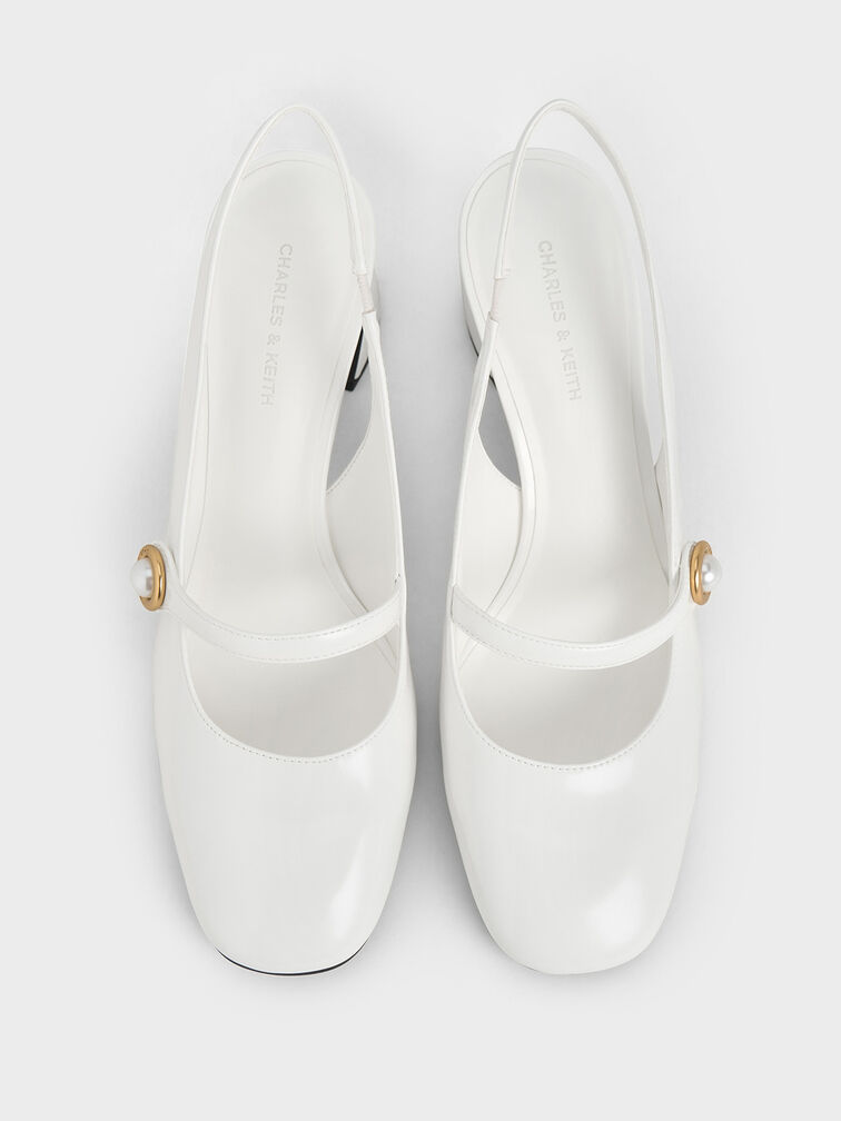 Pearl-Accent Mary Jane Slingback Pumps, White, hi-res