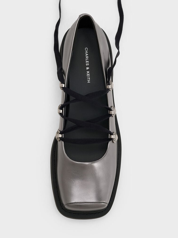 Metallic Heart-Embellished Lace-Up Ballet Flats, Pewter, hi-res