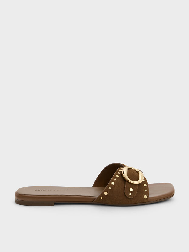 Studded Buckled Slide Sandals, Brown, hi-res