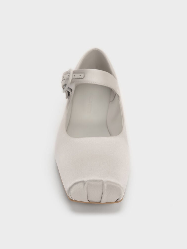 Satin Buckled Square-Toe Mary Jane Flats, Light Grey, hi-res
