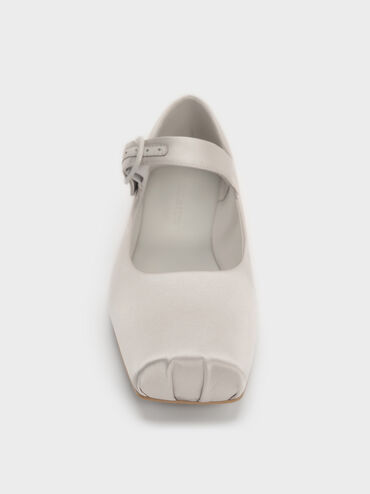 Satin Buckled Square-Toe Mary Jane Flats, Light Grey, hi-res