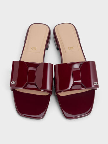 Lu Patent Leather Bow Slide Sandals, Burgundy, hi-res