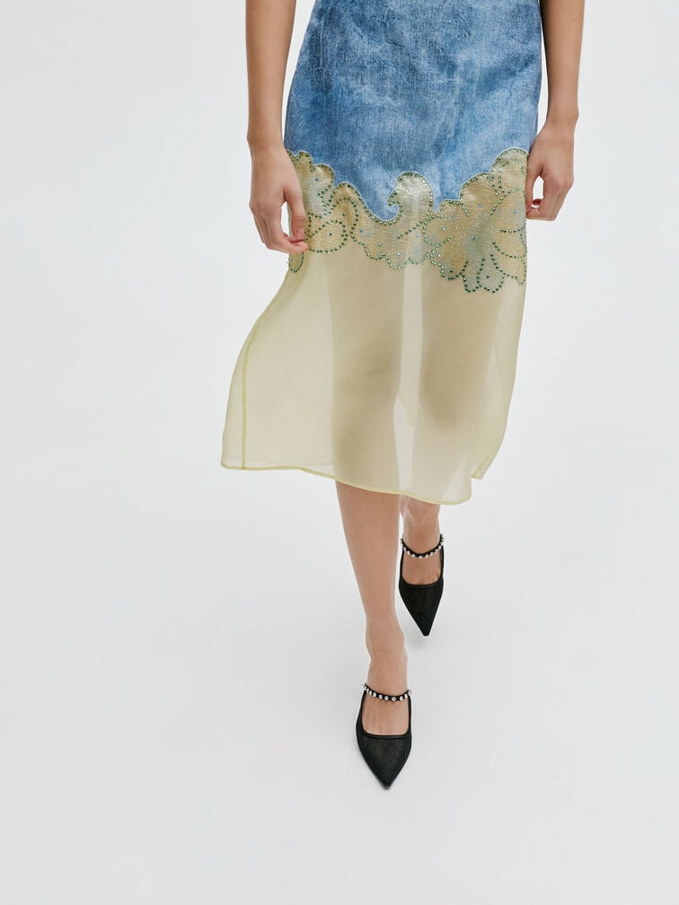 Lace & Satin Crystal Heeled Mules, Black Textured, hi-res