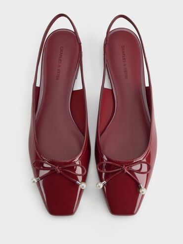 Barbara Patent Pearl-Embellished Bow Slingback Flats, Red, hi-res