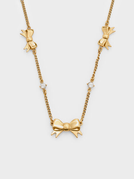 Paige Bow Crystal Necklace, Gold, hi-res