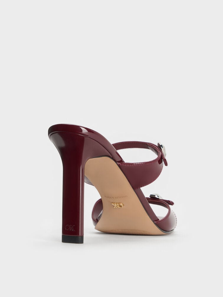 Patent Leather Gem-Buckle Double-Strap Heeled Sandals, Burgundy, hi-res