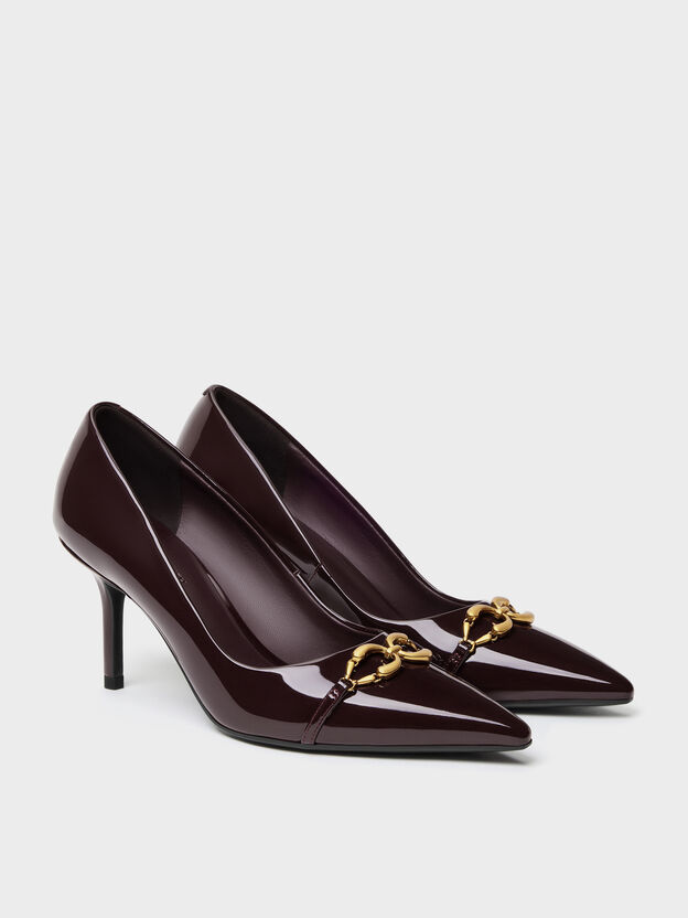 Patent Metallic-Buckle Pointed Pumps, Burgundy, hi-res