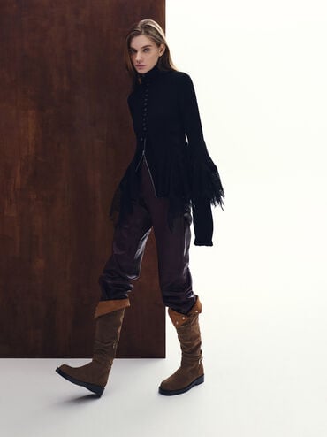 Ellis Faux Suede Ruched Buckled Fold-Over Thigh-High Boots, Dark Brown Textured, hi-res
