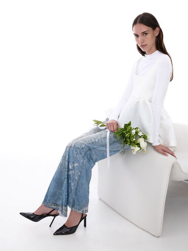 Sequin Mesh & Leather Pointed-Toe Slingback Pumps, Black Textured, hi-res