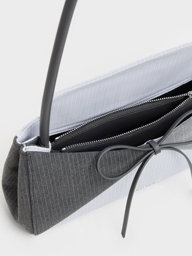 Hazel Striped Bow Panelled Shoulder Bag, Grey, hi-res