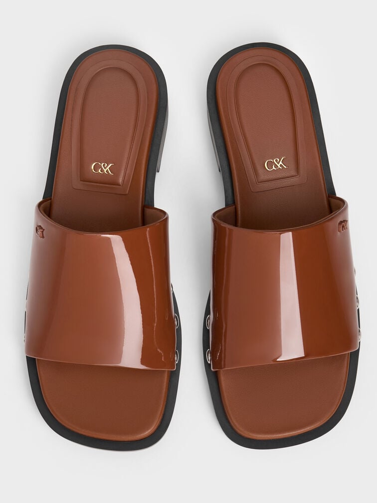 Patent Leather Studded Sandals, Brown, hi-res