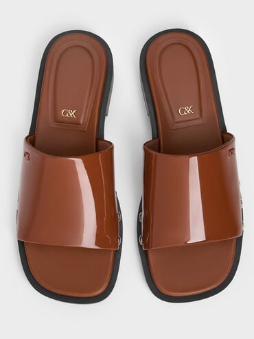 Patent Leather Studded Sandals, Brown, hi-res