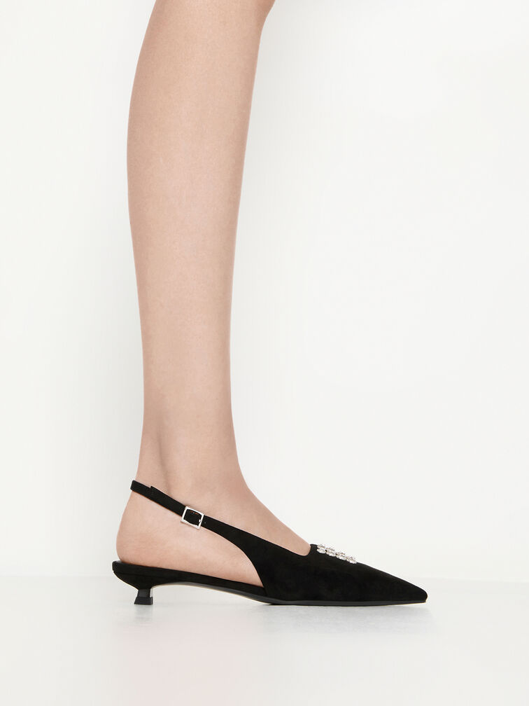 Faux Suede Crystal-Embellished Slingback Pumps, Black Textured, hi-res