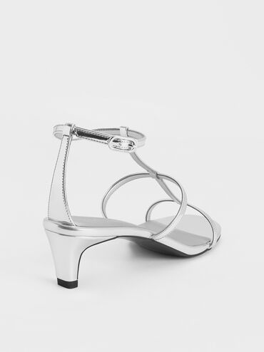Metallic T-Bar Kitten-Heel Ankle-Strap Sandals, Silver, hi-res