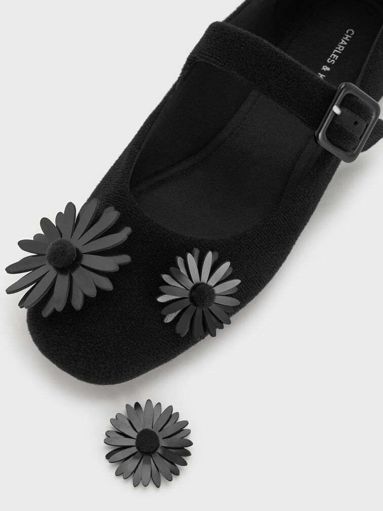 Polly Textured Mary Janes With Floral Appliques, Black Textured, hi-res