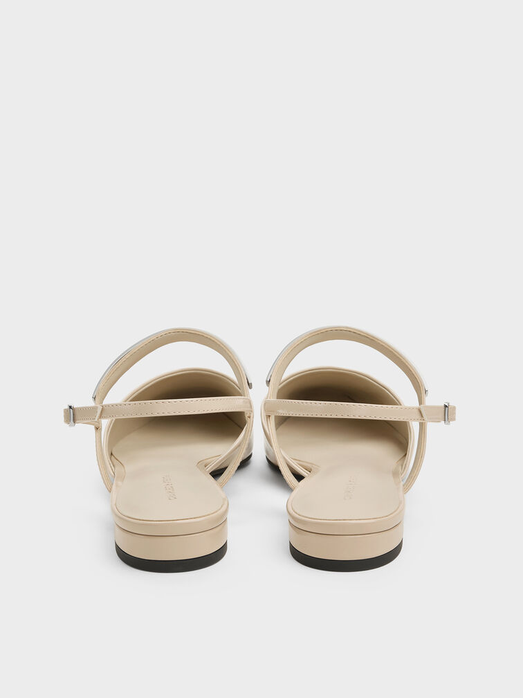 Patent Metallic-Accent Square-Toe Slingback Flats, Beige, hi-res
