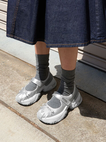 Satin Bow Two-Tone Mary Jane Sneakers, Silver, hi-res
