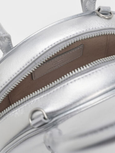Leather Half-Moon Bowling Bag, Silver, hi-res