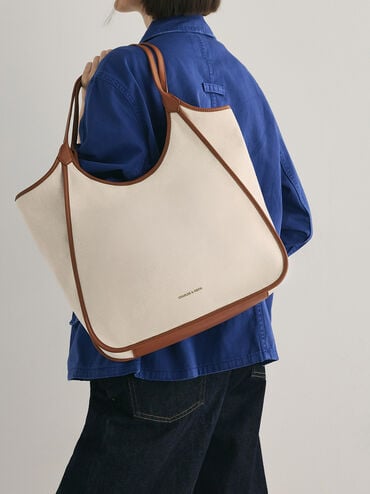Sianna Canvas Contrast-Trim Tote Bag, Taupe Canvas, hi-res