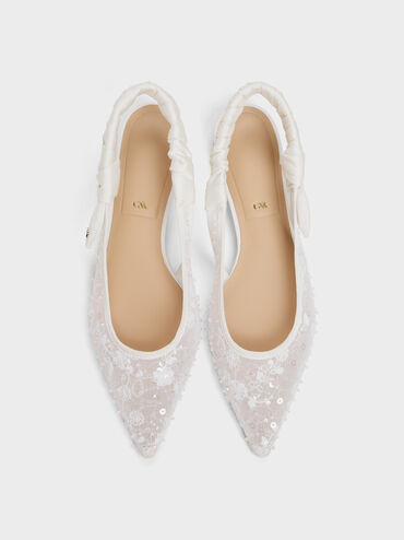 Tayari Embroidered-Mesh Slingback Flats, White, hi-res