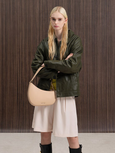 Agatha Chain-Accent Shoulder Bag, Beige, hi-res