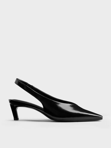 Patent Tapered Square-Toe Slingback Kitten Heels, Black Patent, hi-res