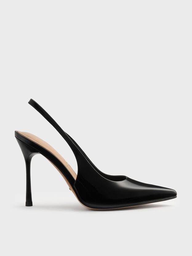 Leather Slingback Stiletto Pumps, Black Box, hi-res