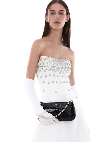 Sequin Mesh & Leather Shoulder Bag, Black, hi-res