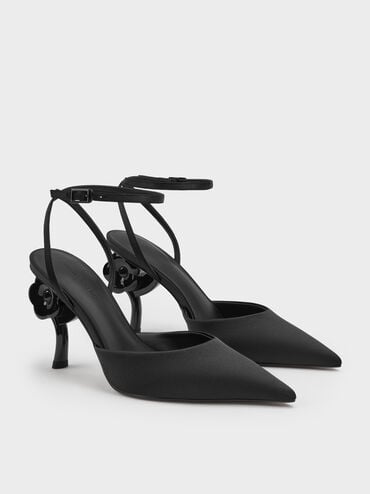 Pointed Flower-Heel Ankle-Strap Pumps, Black Textured, hi-res