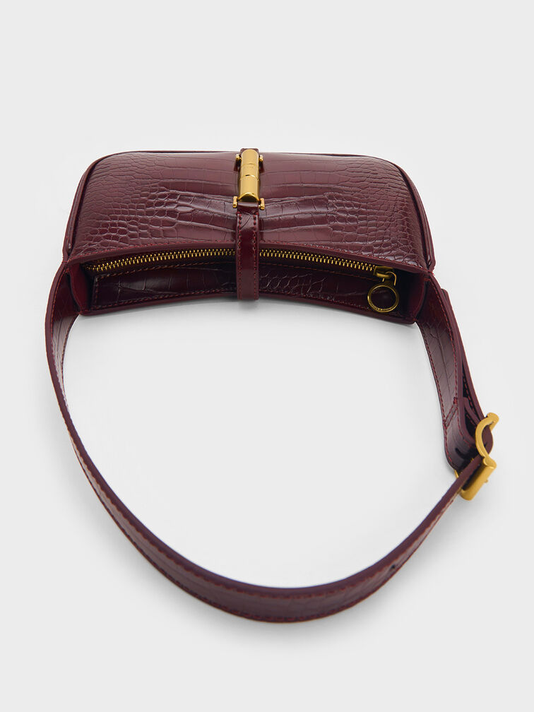 Cesia Croc-Effect Metallic-Accent Shoulder Bag, Burgundy, hi-res