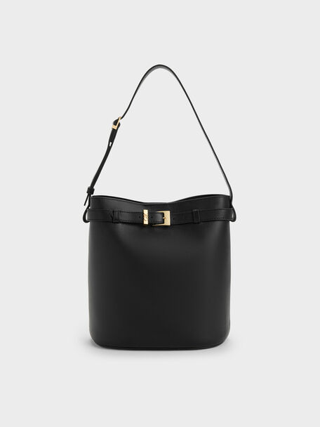 Jody Leather Belted Bucket Bag, Black, hi-res
