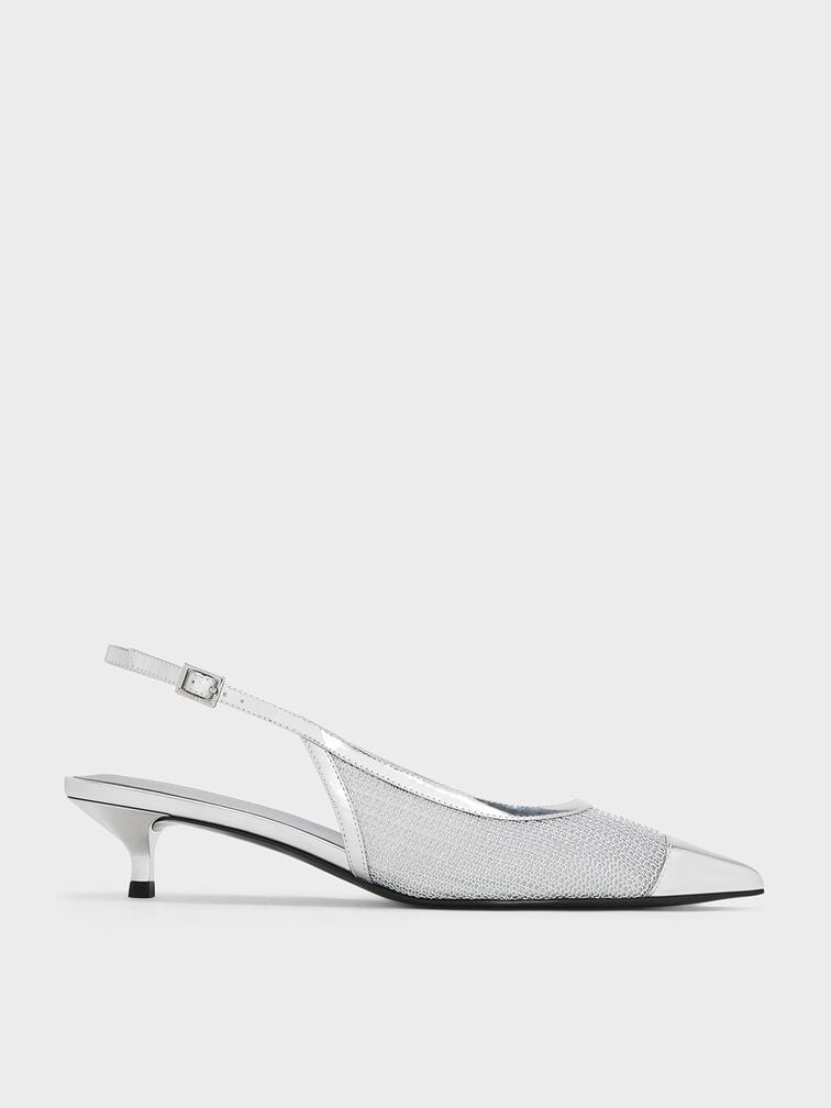 Mesh Metallic Cap-Toe Kitten-Heel Pumps, Silver, hi-res