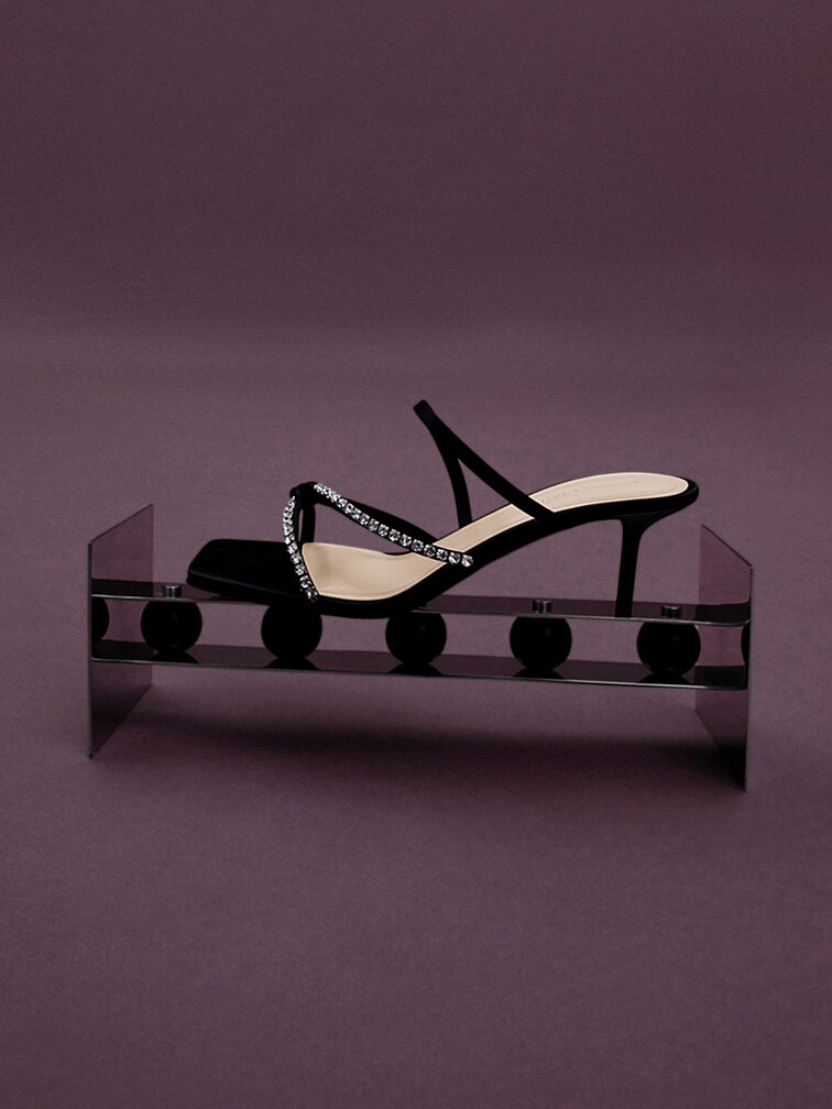Recycled Polyester Gem-Embellished Strappy Heeled Sandals, Black Textured, hi-res