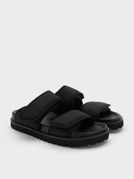 Nylon Double-Strap Flatform Sandals, Black Textured, hi-res