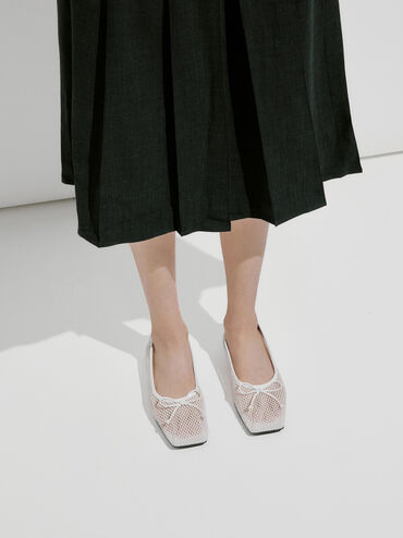 Mesh Square-Toe Bow Ballet Flats, White, hi-res