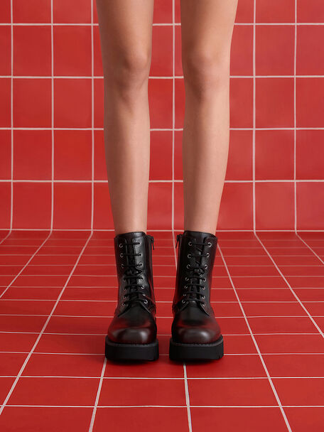 Ridged-Sole Lace-Up Combat Boots, Burgundy, hi-res