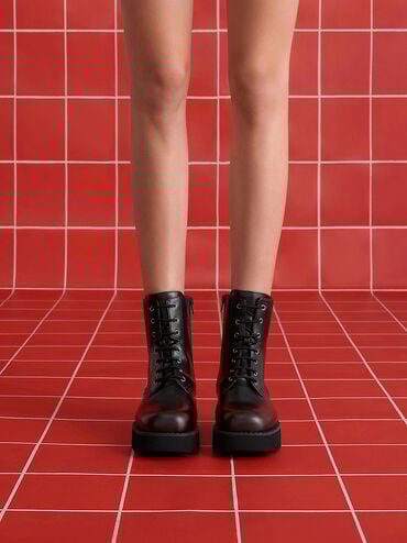 Ridged-Sole Lace-Up Combat Boots, Burgundy, hi-res