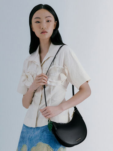 Blume Braided Curved Hobo Bag, Black, hi-res