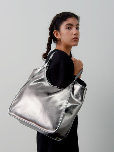 Sianna Metallic Crinkle-Effect Slouchy Tote Bag, Pewter, hi-res
