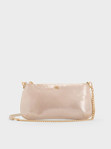Sequin Mesh & Leather Shoulder Bag, Champagne Nude, hi-res